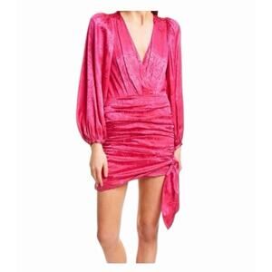Ronny Kobo Giorgia Dress Fuchsia Satin Ruched Mini Long Sleeve Party NWT Small